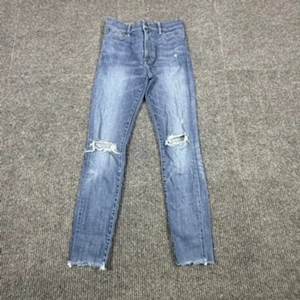 ABLE The High Rise Skinny Jeans Blue Distressed Raw Hem Women Size 26