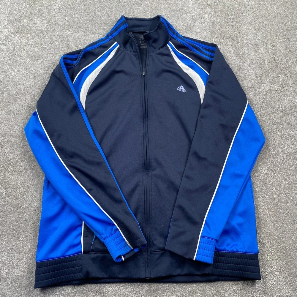 Adidas Track Jacket Mens XL Navy Blue Royal Colorblock Full Zip 3-Stripes Logo