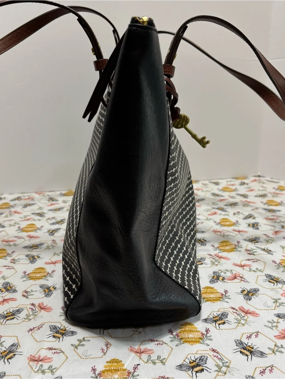 Fossil Black & White Dot-Striped Tote with Brown Leather Handles