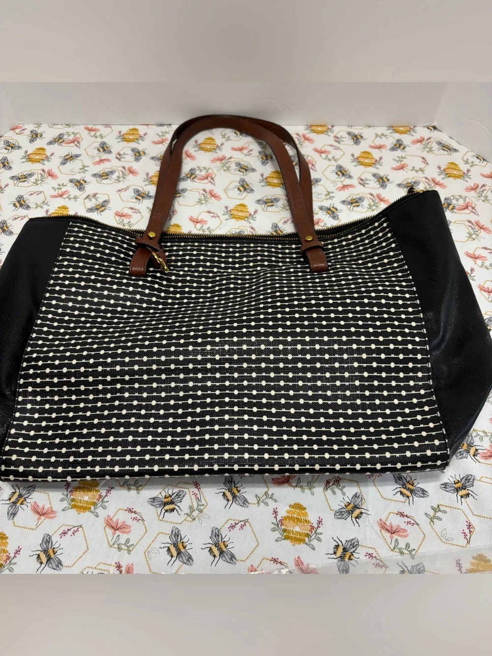 Fossil Black & White Dot-Striped Tote with Brown Leather Handles