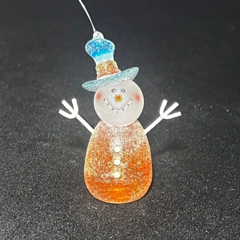 Frosted Glass Snowman Ornament Glitter‎ Hat Orange Christmas
