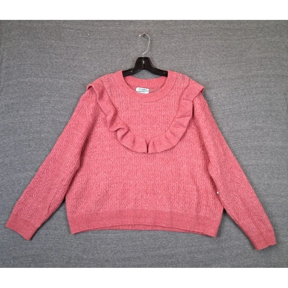 NEW‎ Old Navy Womens Sweater 3X Pink Wool Blend Ruffle Collar Crop Soft Stretch