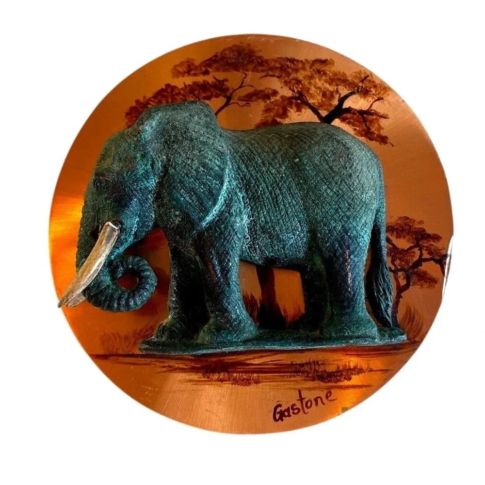 Gaston Signed Embossed Elephant 3D‎ Copper Art Plaque Wall Decor Vintage 6.5in