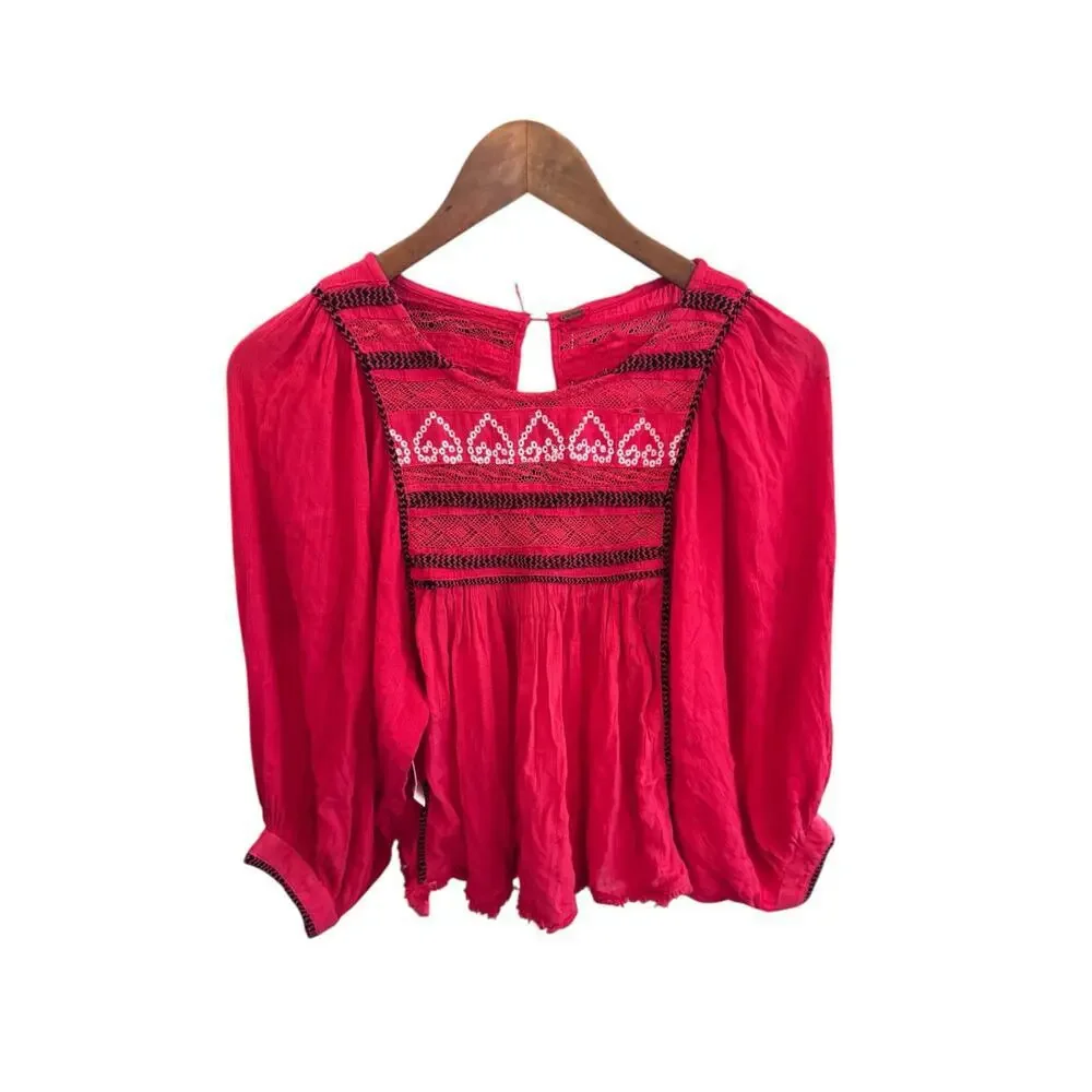 Free People Red Boho‎ Embroidered Lace Peasant Top Women’s Size S