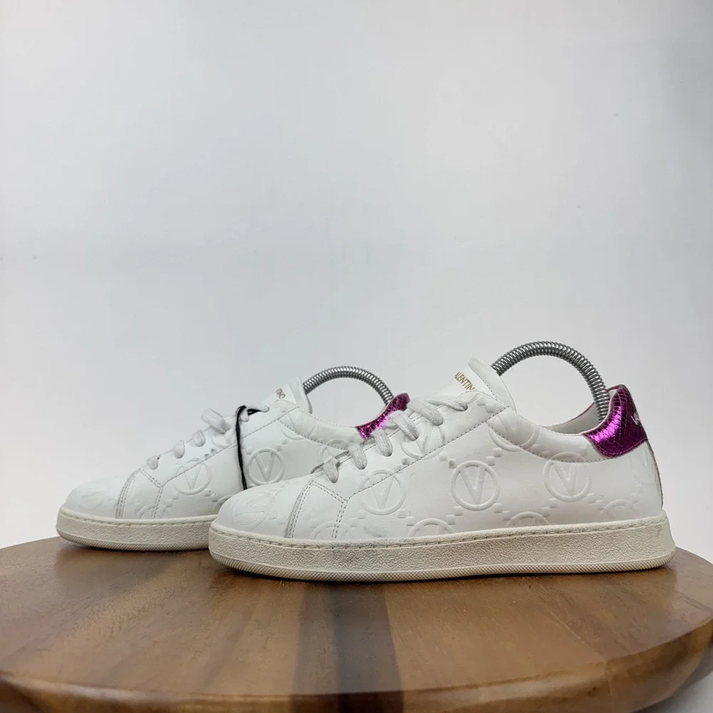 New Womens Valentino Sofia Vlogo White Pink Leather Low Sneakers Size 7.5 M NWOB