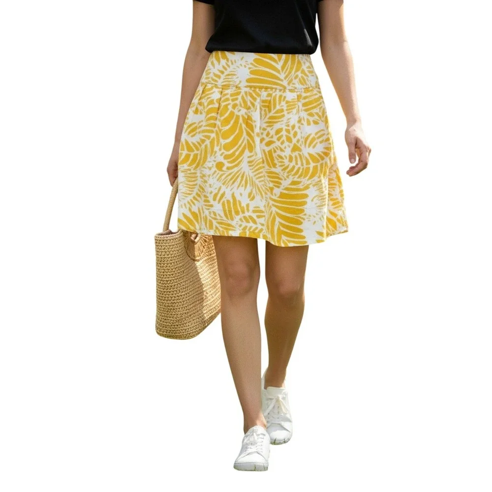 Linen Blend LOFT Yellow White Leaf‎ Print A-Line Skirt Small W 26.5
