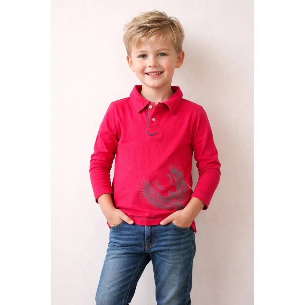 NWT Fore Axel & Hudson Boys Red Bamboo Long Sleeve Eagle Polo Shirt Top 5 New‎