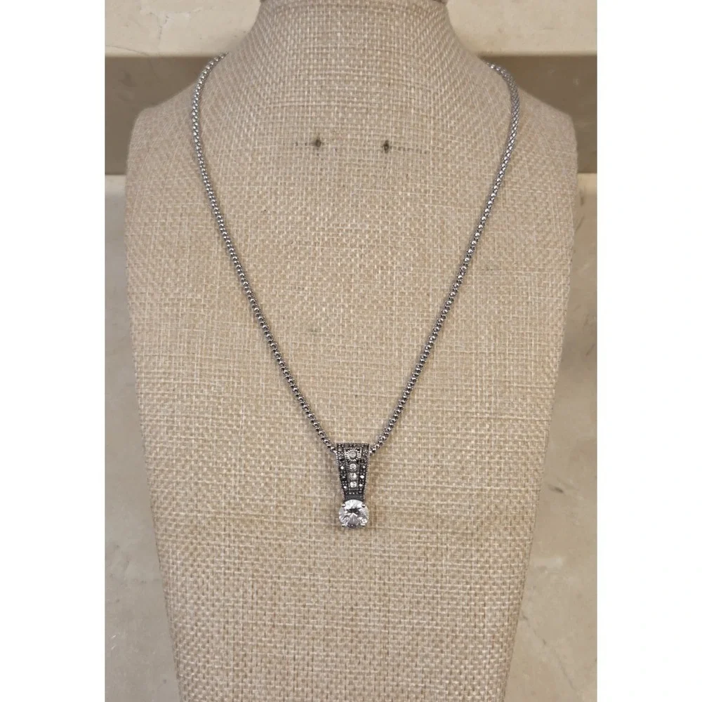 Vintage‎ Sterling Silver Marcasite & CZ Pendant 16