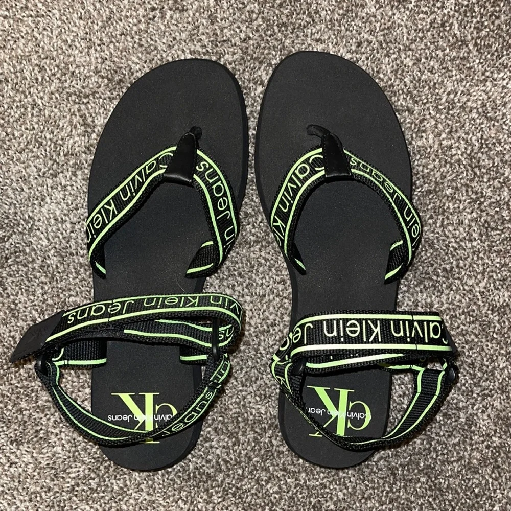 Calvin Klein Black and Neon Green Logo Strap Sandals
