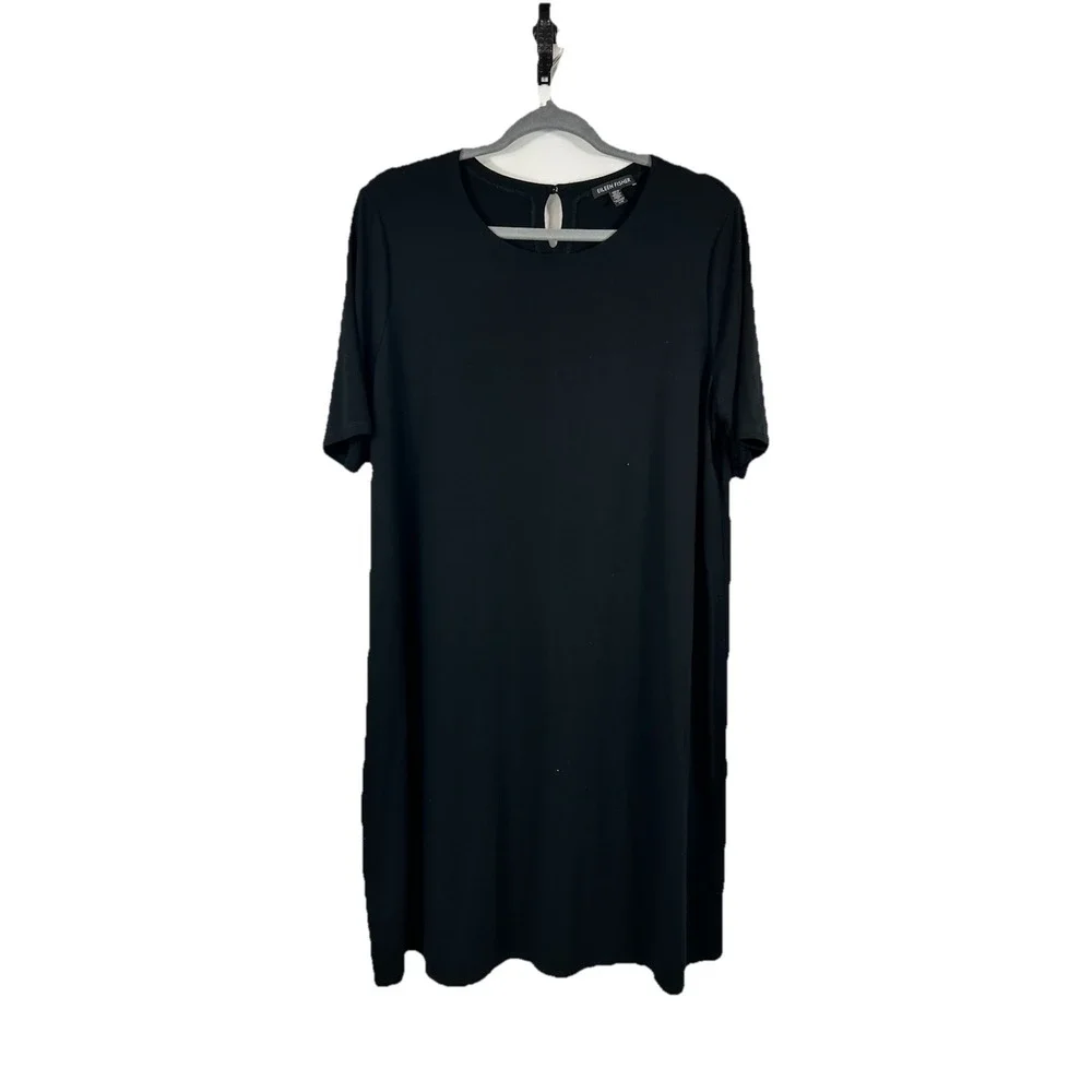 Eileen Fisher Black Viscose Jersey Round Neck Shift Dress L Minimalist Lagenlook