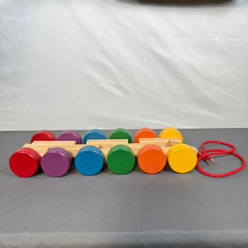 Handmade Wooden Pull Toy Rainbow Colors Rolling Cars Kids Toddler‎ Educational