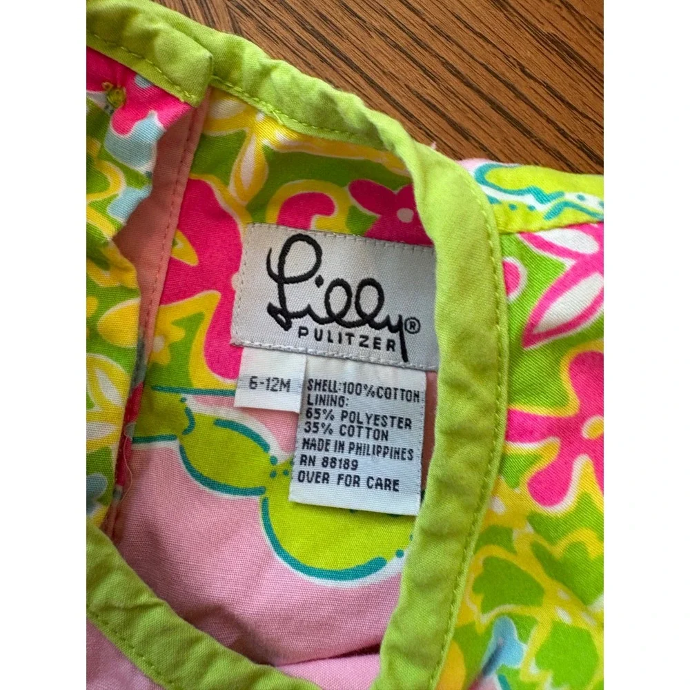 Lilly Pulitzer Baby Girls Pink Green Floral Turtle Print Dress 6-12M Pocket Lace