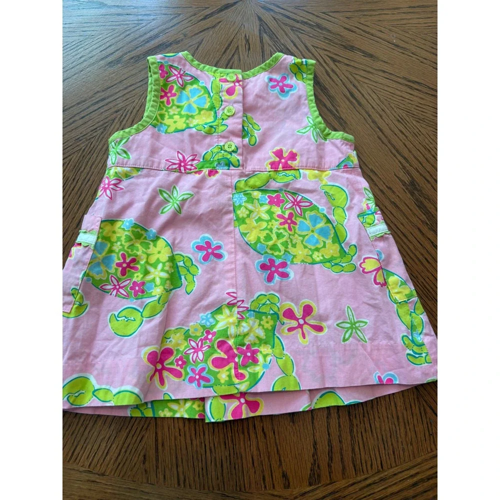 Lilly Pulitzer Baby Girls Pink Green Floral Turtle Print Dress 6-12M Pocket Lace