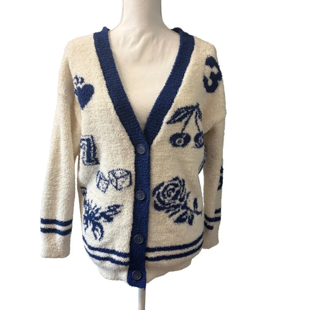 Novelty Boucle Knit Cardigan Cream/Navy Preppy Academia Sweater Forever 21 Sz S