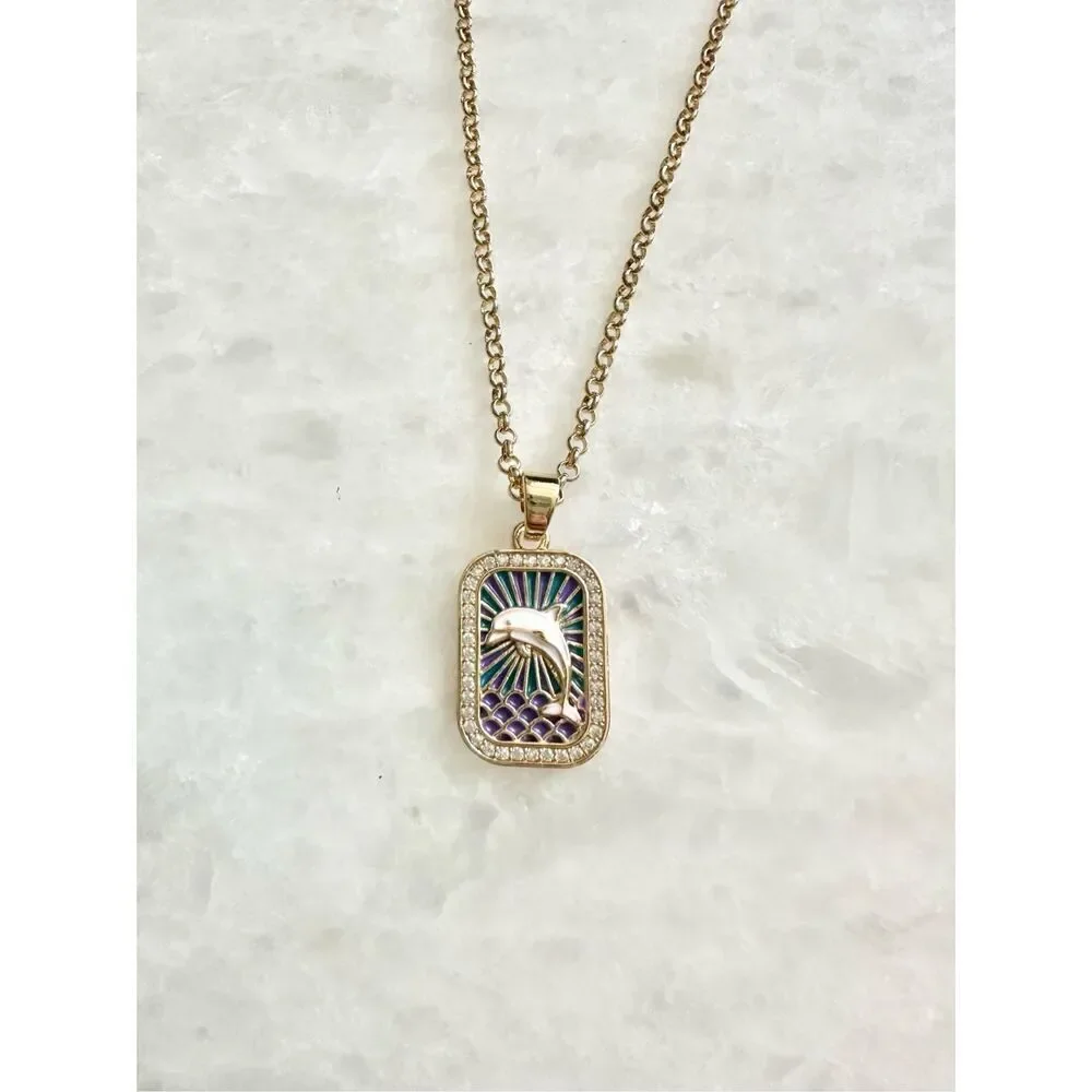 Green and purple dolphin pendant necklace