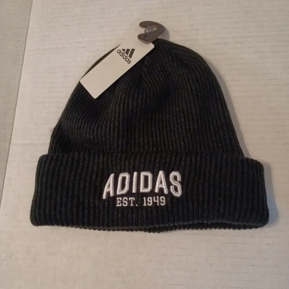 Adidas‎ Foundation 3 In Fold Beanie Mens Black White Logo Cuffed Ribbed Knit Cap