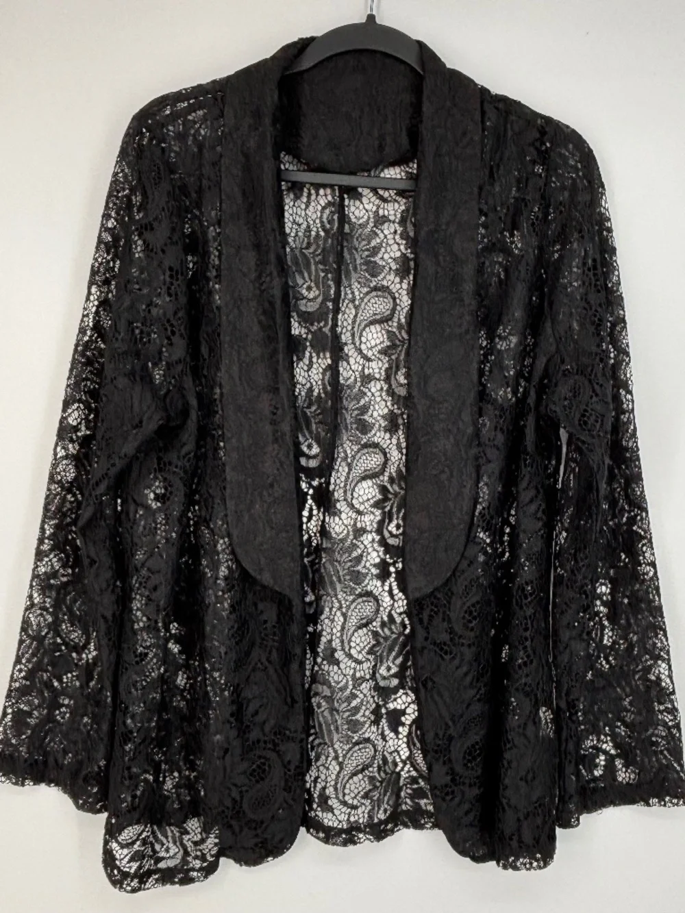 Womens XL 0XL Open Front Blazer Jacket Black Sheer Lace Shawl Collar Long Sleeve