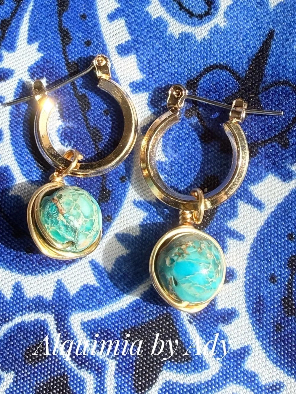 EUROPEAN VACATION + Gold Hoop Earrings with Turquoise Stone Drops