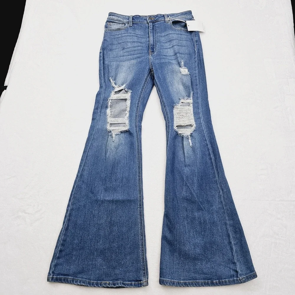 NEW Cello Womens 13 High Rise Flare‎ Jeans Distressed Blue Denim Casual
