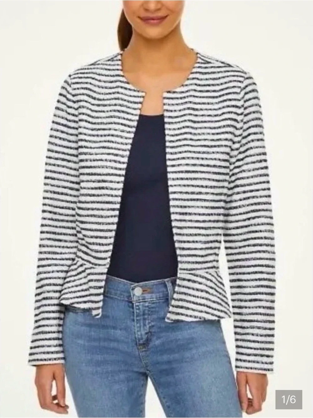 Loft Tweed Open Front Peplum Navy Blue Off White Stripe Blazer M Nautical Preppy