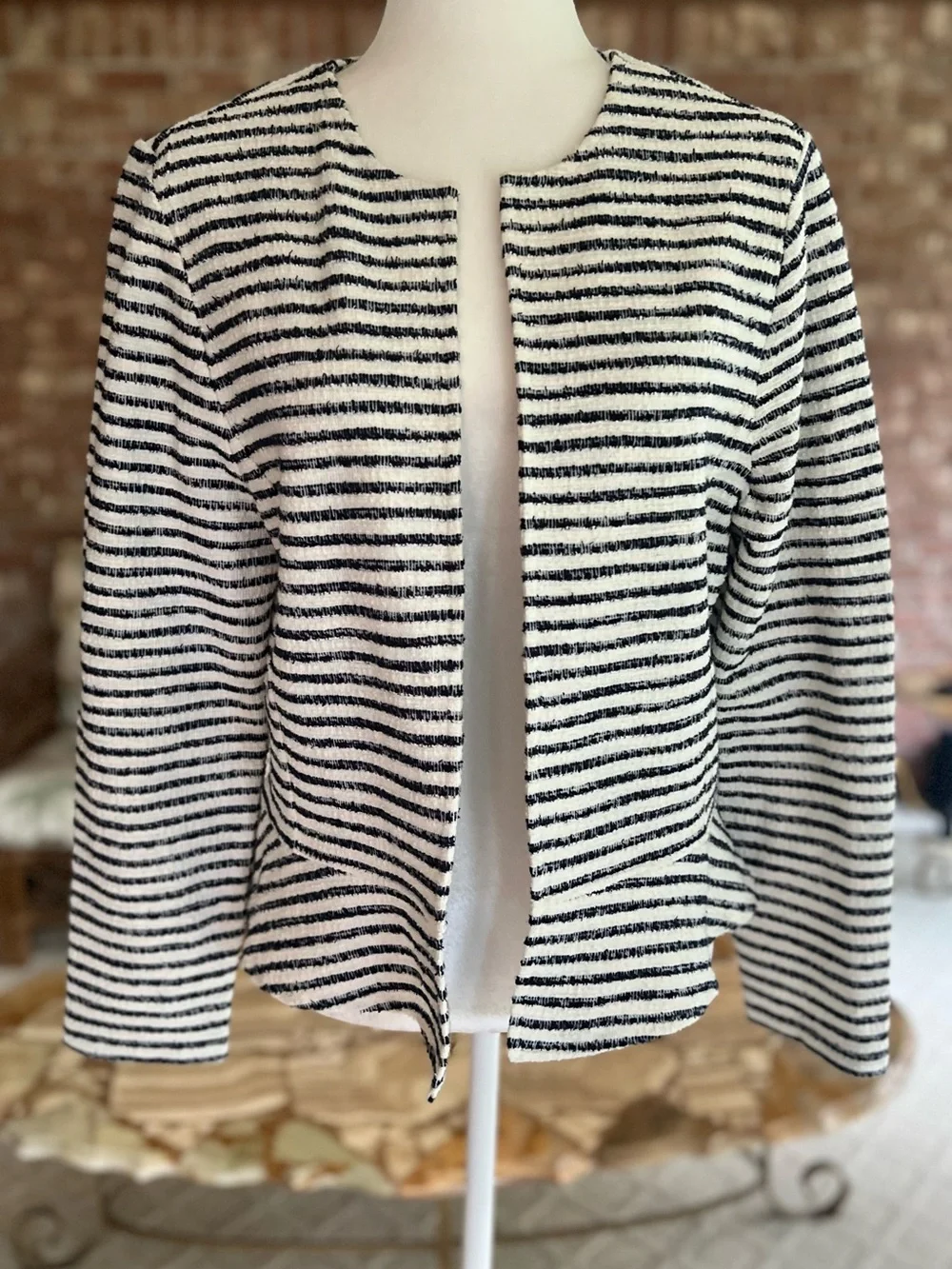 Loft Tweed Open Front Peplum Navy Blue Off White Stripe Blazer M Nautical Preppy