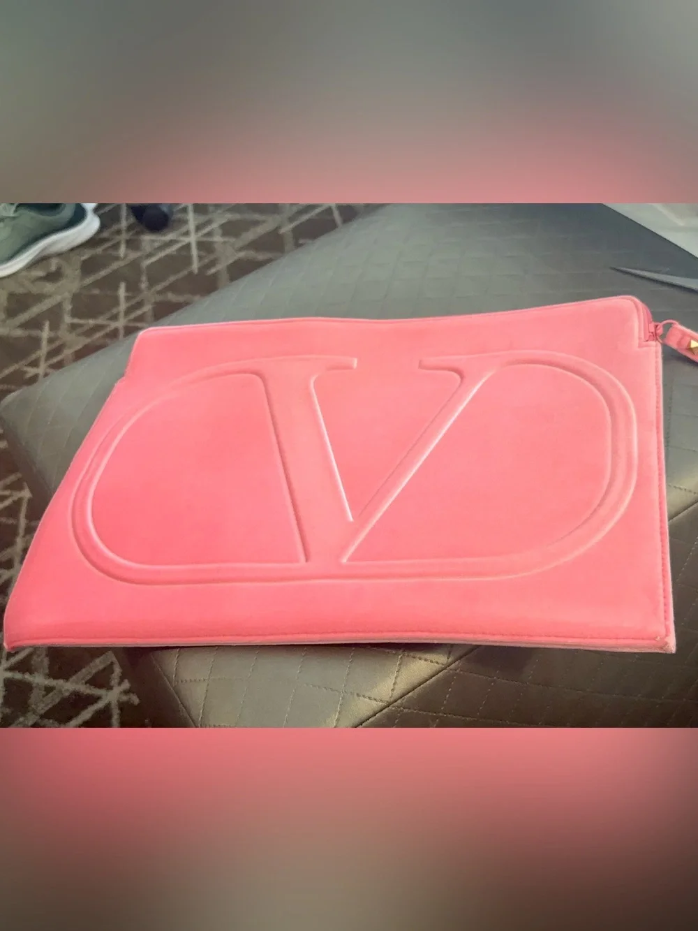 Valentino  Pink Embossed V Logo large Soft Velvet Laptop Sleeve