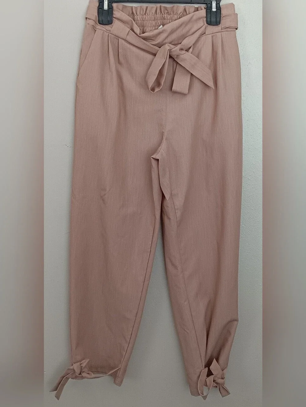 Grace Karin Beige Paperbag High Waist Bow Cuffs Side Zipper Women's Pants Sz L