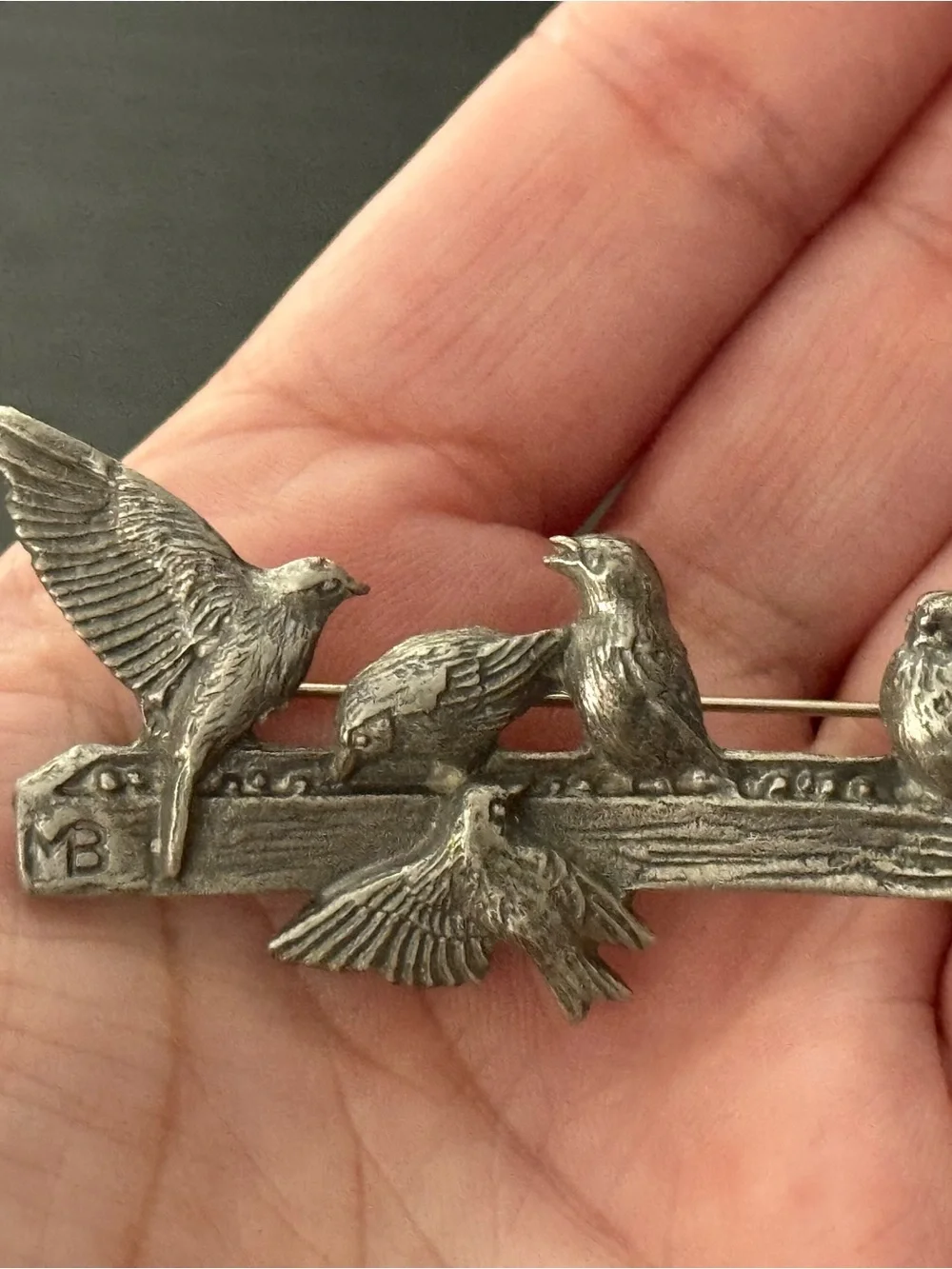 Vintage 1999 Pewter Brooch Titled “Birds at the Feeder” by Marjolein Bastin