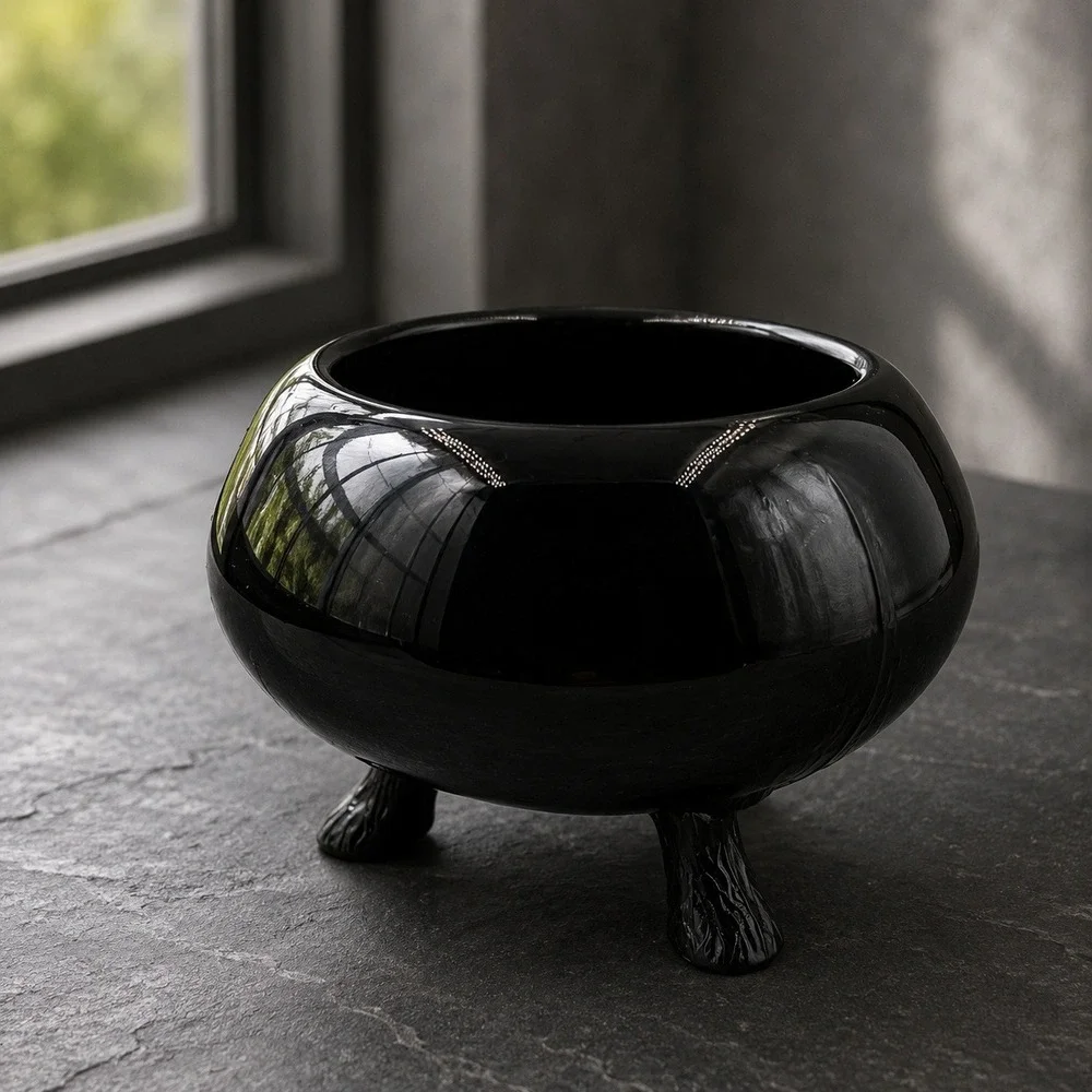 Vintage Black Glass Three Leg Footed Bowl Planter Centerpiece Mid Century Decor