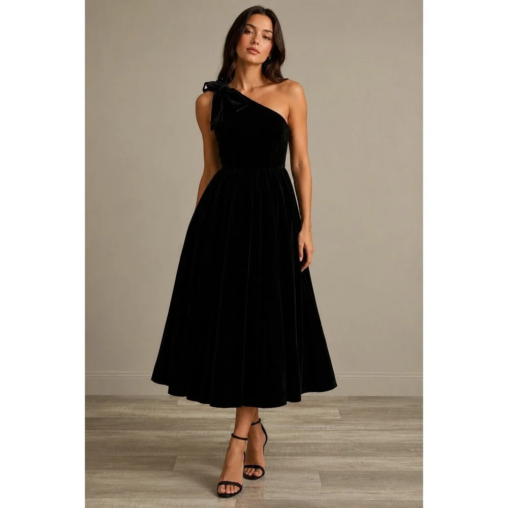 Victor Costa Vtg Black Velvet One Shoulder Gown Shoulder Bow Sz S/M? Whimseygoth