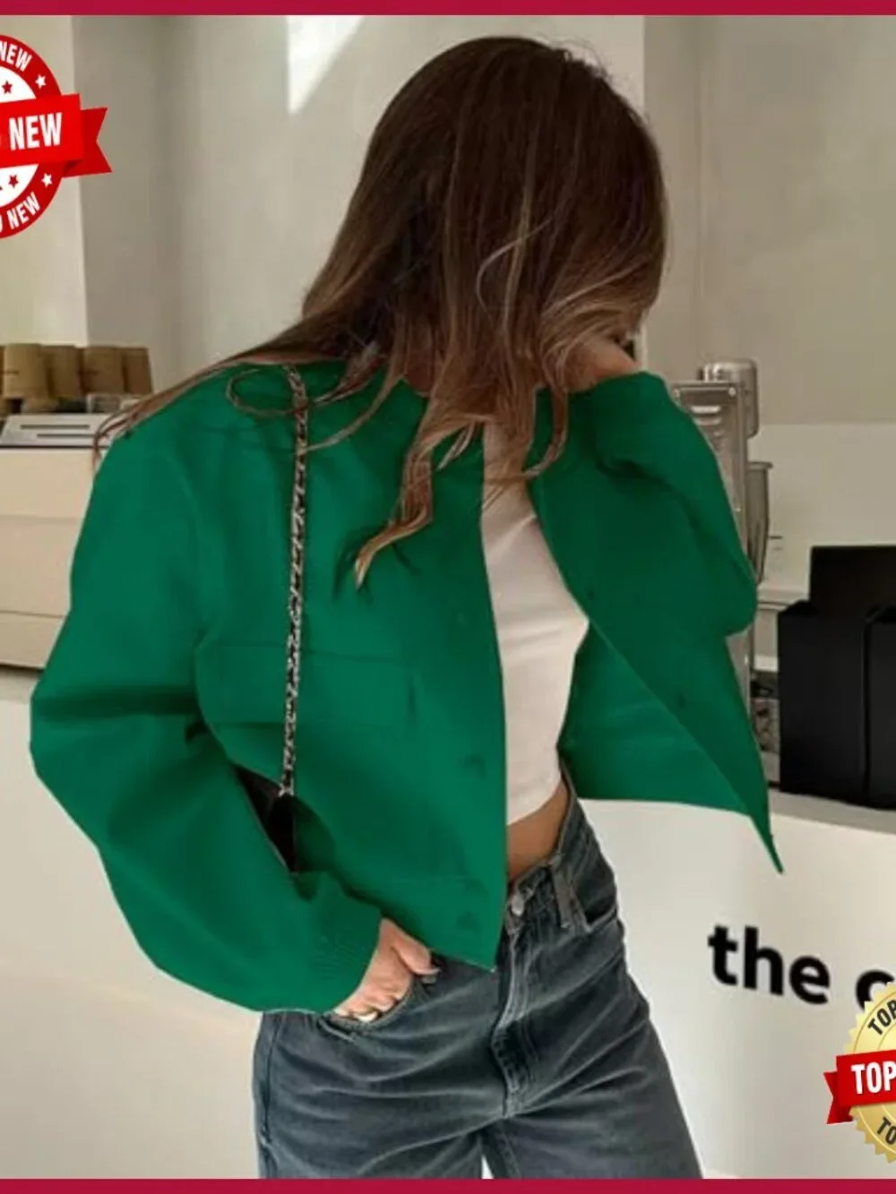 Cropped Bomber Jacket Button Down Varsity Shacket with Pockets