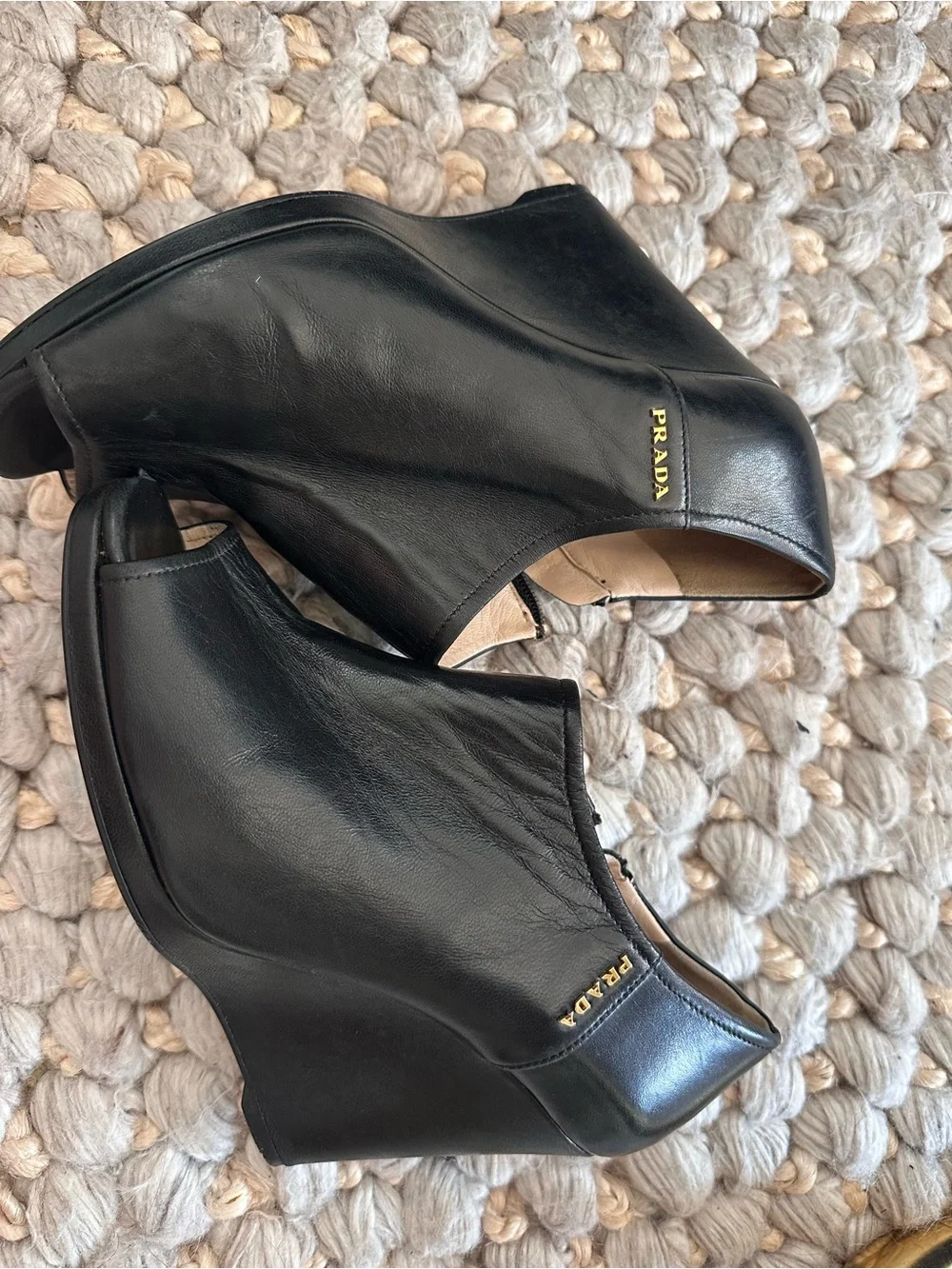 Prada peep toe wedge booties authentic size 37.5 black