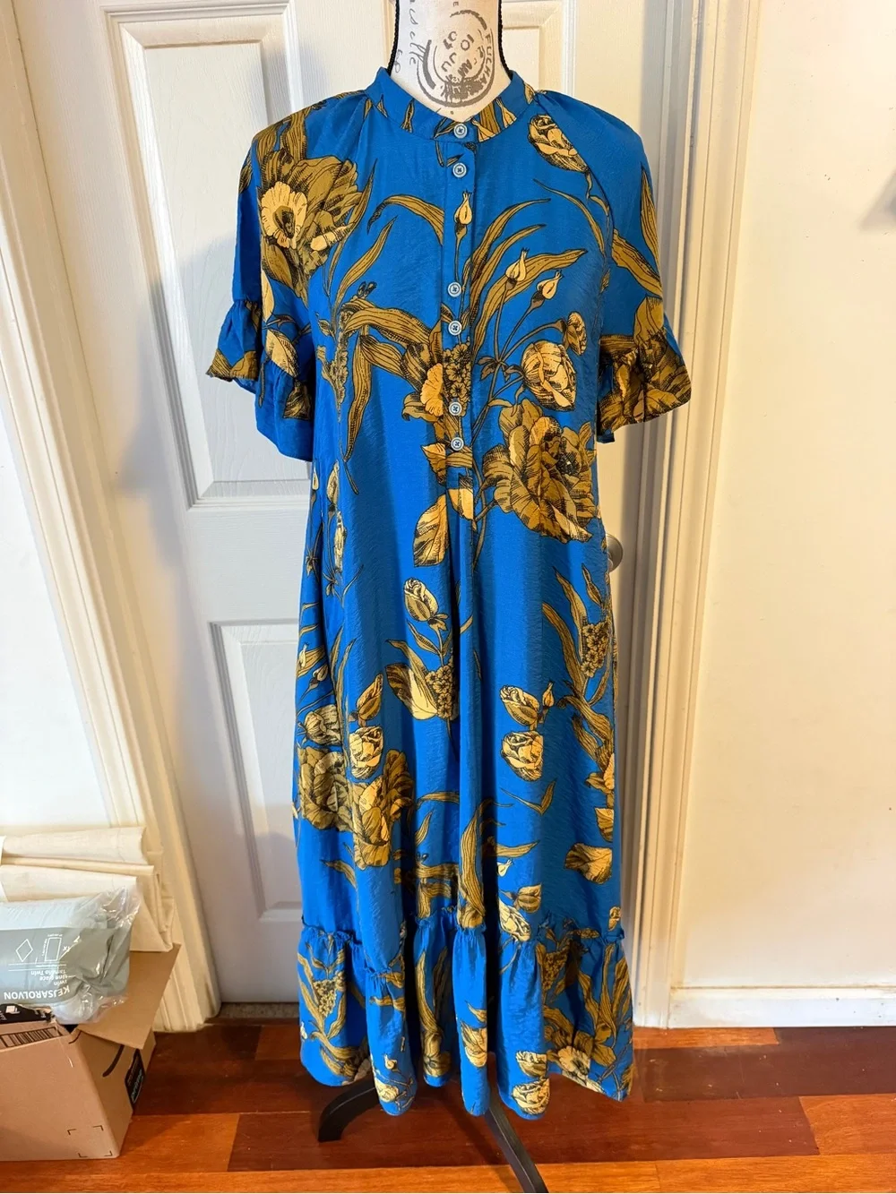 Anthropologie Blue Floral High-Low Midi Dress with Gold Print