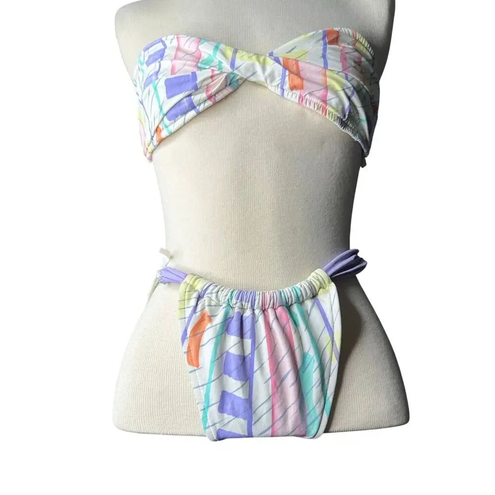 Vintage 80s/90s Bandeau Bikini Swim Suit Pastel Geometric  Womens SZ M
