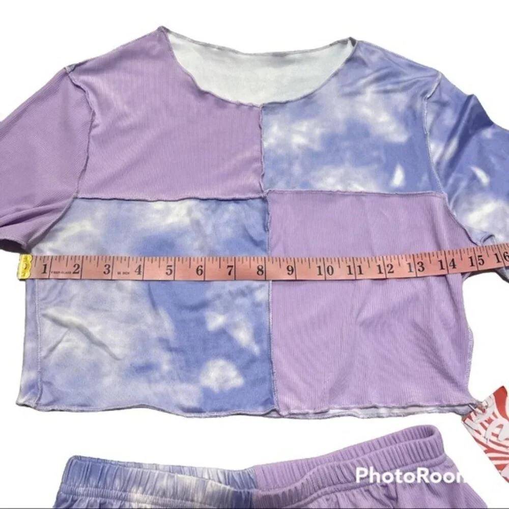 ROMWE Lavender Tie Dye Pajama Short & Longsleeve Crop Top Size Small & Cotton