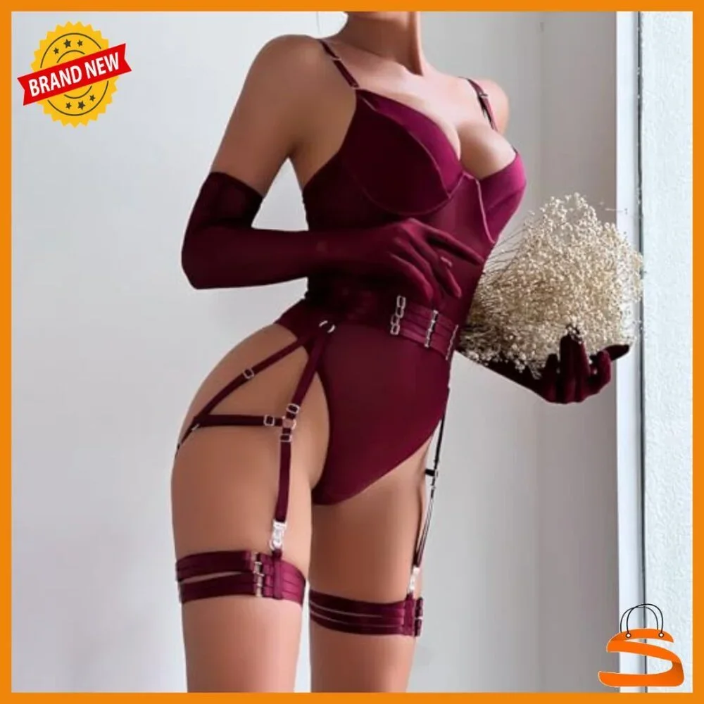 Mesh Bodysuit with Garter Belt and Gloves, Adjustable Straps, Snap Crotch
