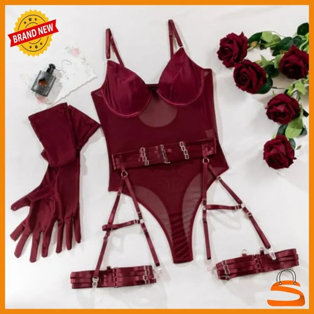 Mesh Bodysuit with Garter Belt and Gloves, Adjustable Straps, Snap Crotch