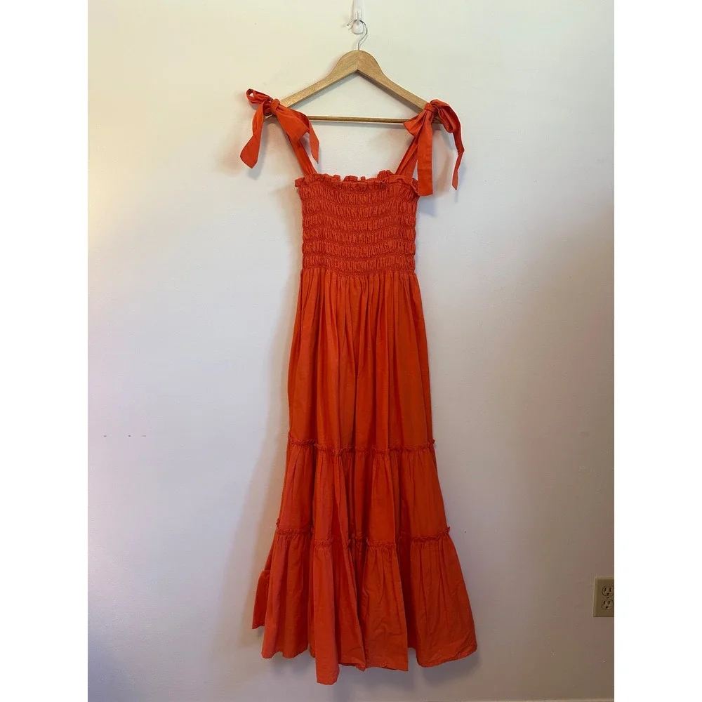 Dynasty George Clementine Maxi Cotton Smocked Dress in Orange | Size XS