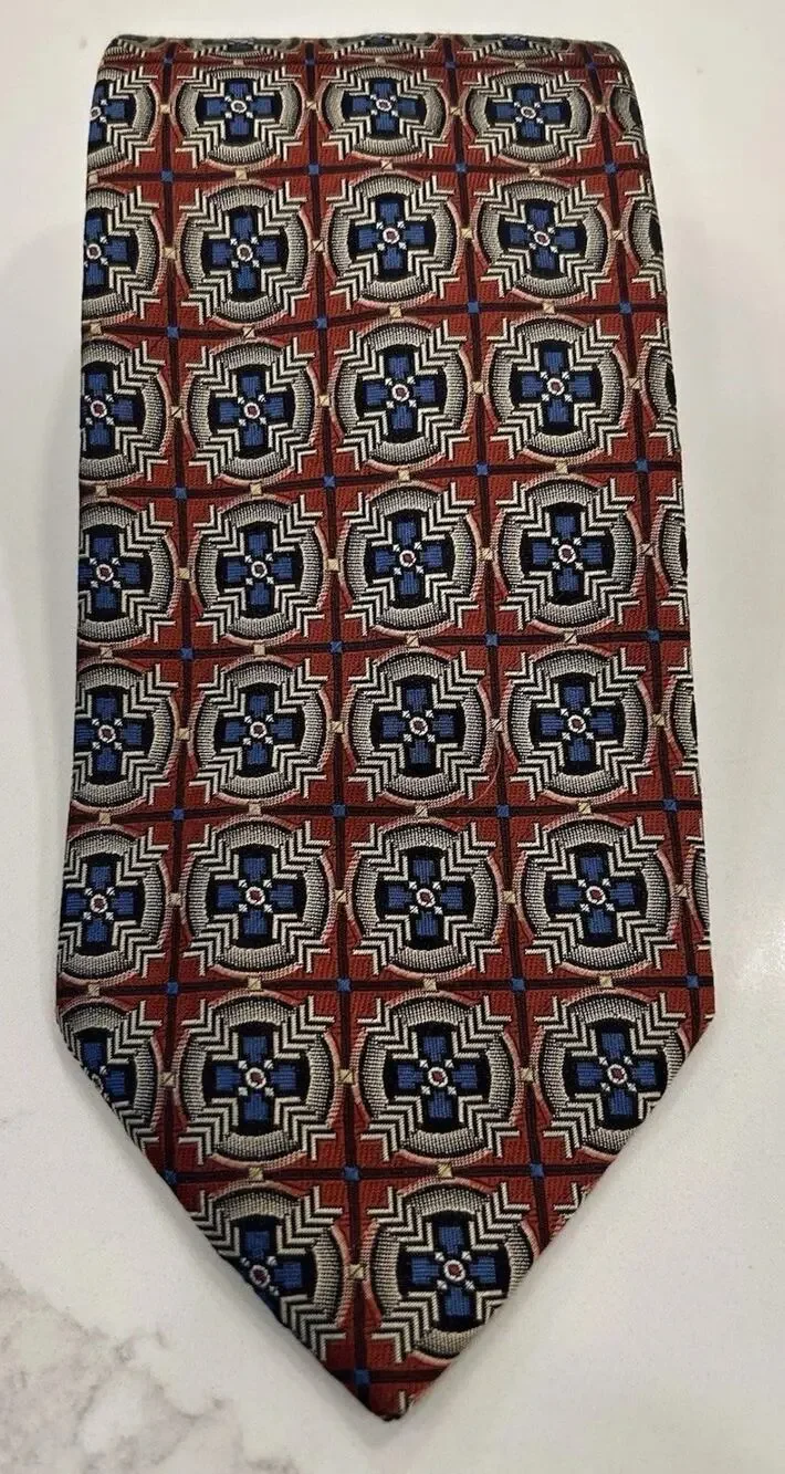 Frank Lloyd Wright Foundation Mens Tie 3.5” Brown Geometric Silk Made In Italy