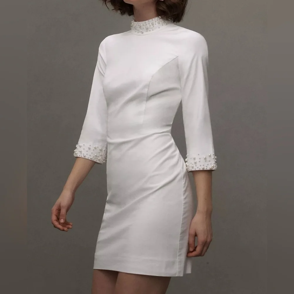 BHLDN Brynlee Mock-Neck 3/4 Sleeve Mini Dress w Pearl Accents, Ivory, LARGE