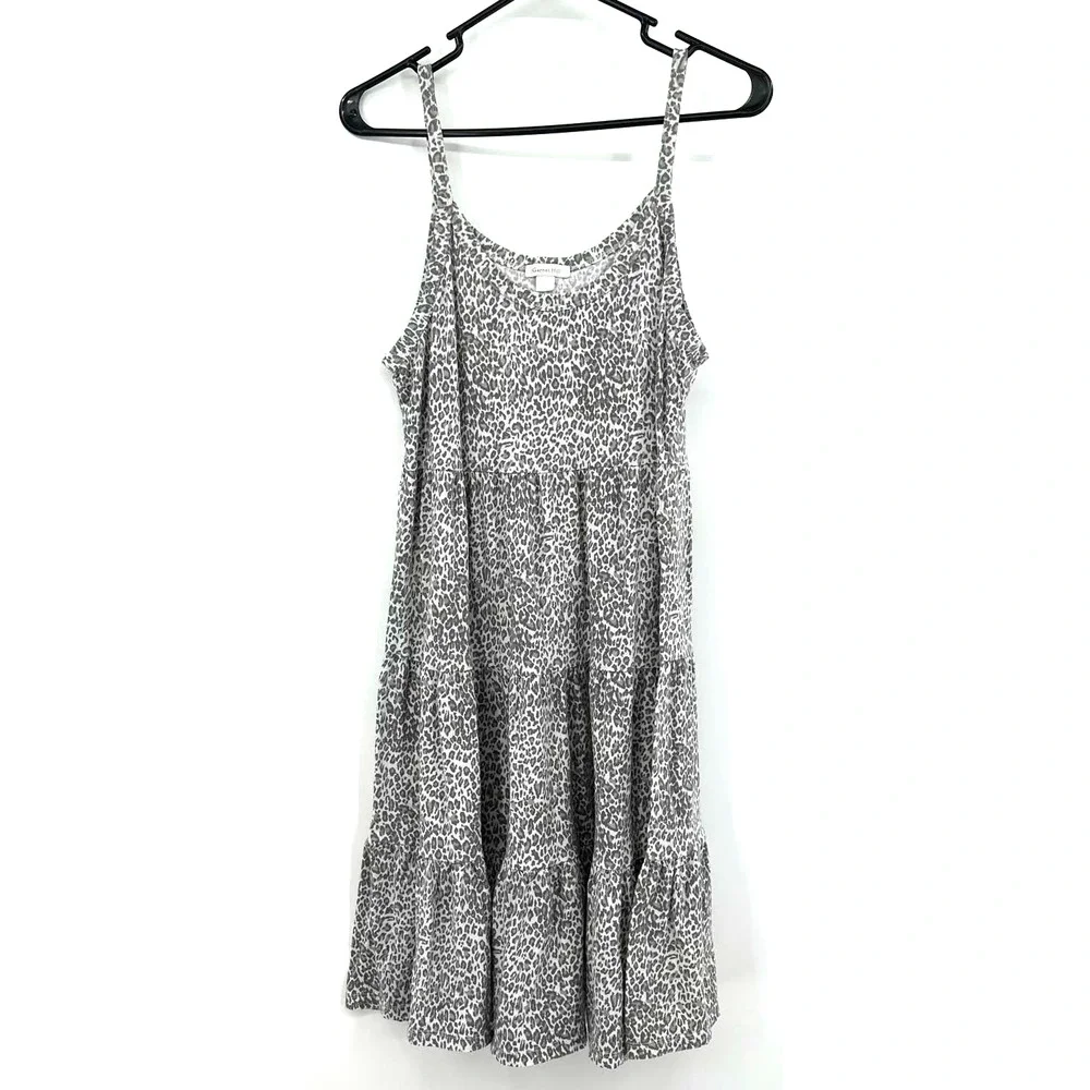 Garnet Hill size small sleeveless tiered dress white gray leopard print‎ cotton