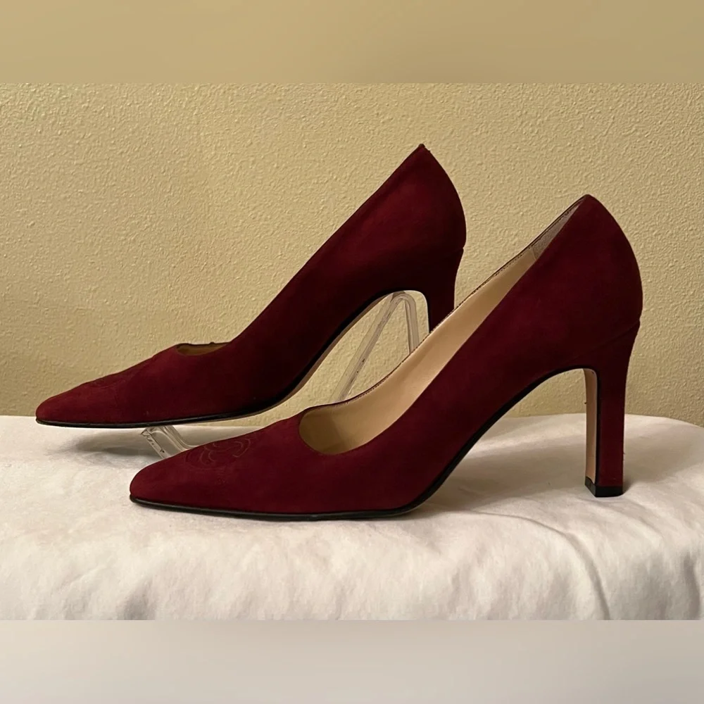 CHANEL Burgundy Suede Pointed-Toe Pumps