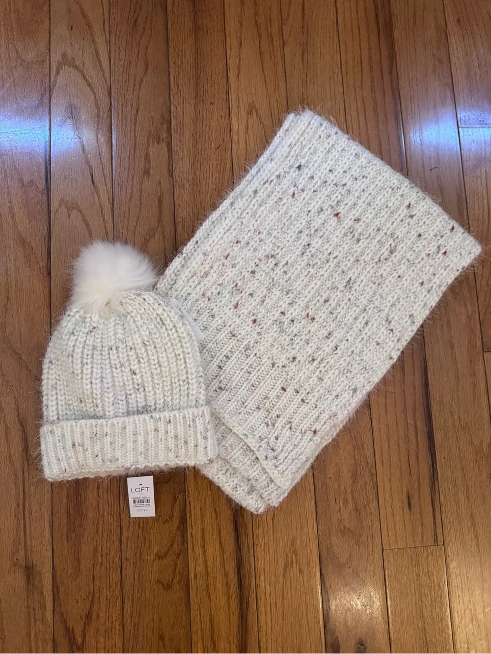 LOFT Cream Speckled Knit Beanie with Faux Fur Pom and Matching Scarf Set