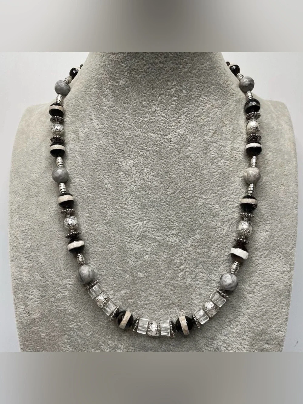 Stunning Agate Picasso Jasper Freshwater Pearl Beaded Necklace Silver Plated