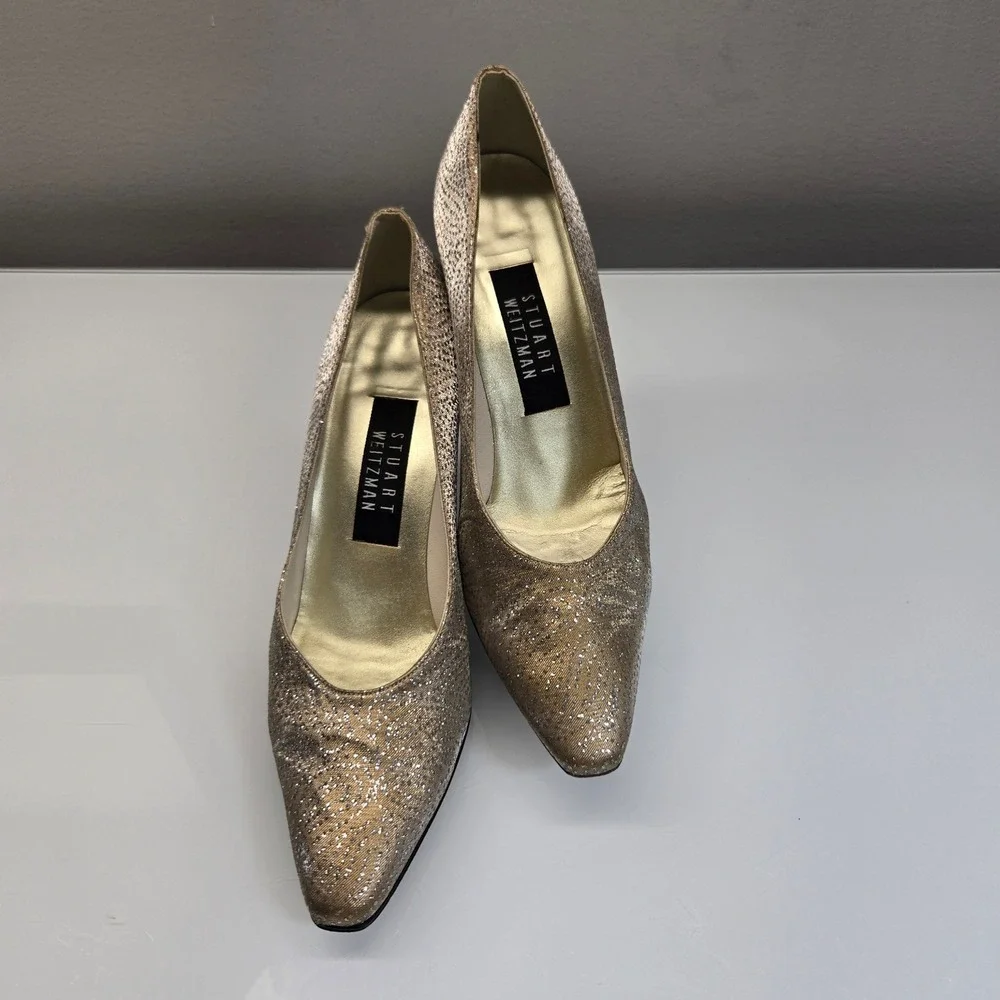 Stuart Weitzman Heel Pumps Womens 7B Gold Glitter Pointed Toe Evening Party Glam