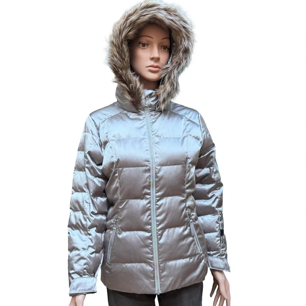 Spyder Silver Puffer Jacket Faux Fur Hooded Coat Juniors 14