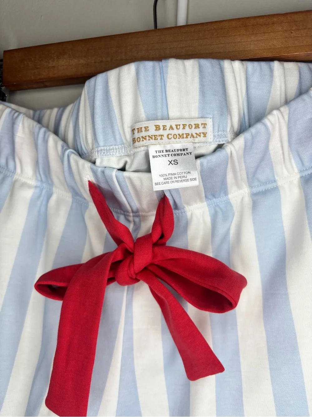 The Beaufort Bonnet Company Blue White Stripe Red Trim Pima Cotton Pajama Set XS