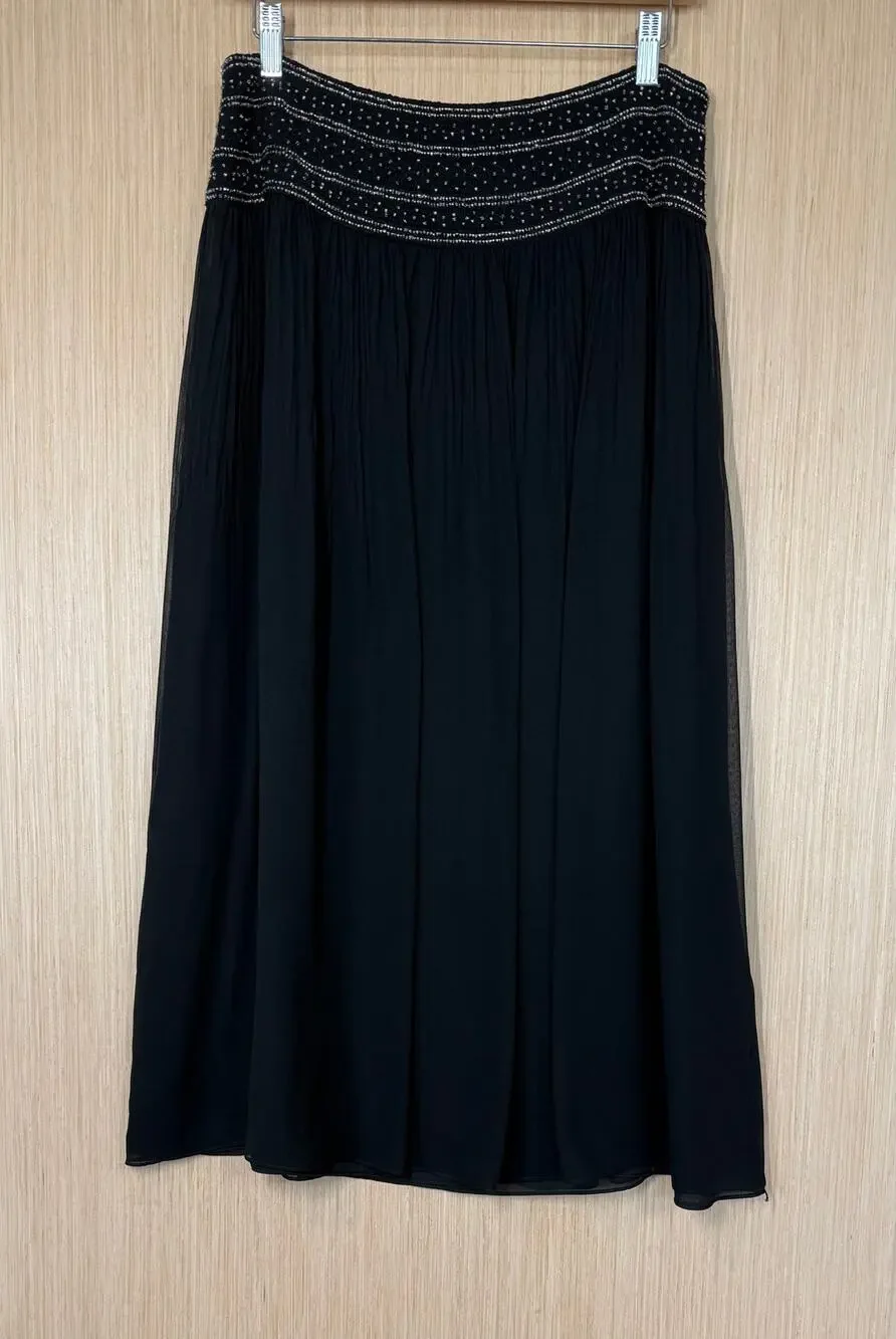 Ann Taylor 100% Silk Beaded Pleated Midi Skirt Size 8 Black Boho Luxe