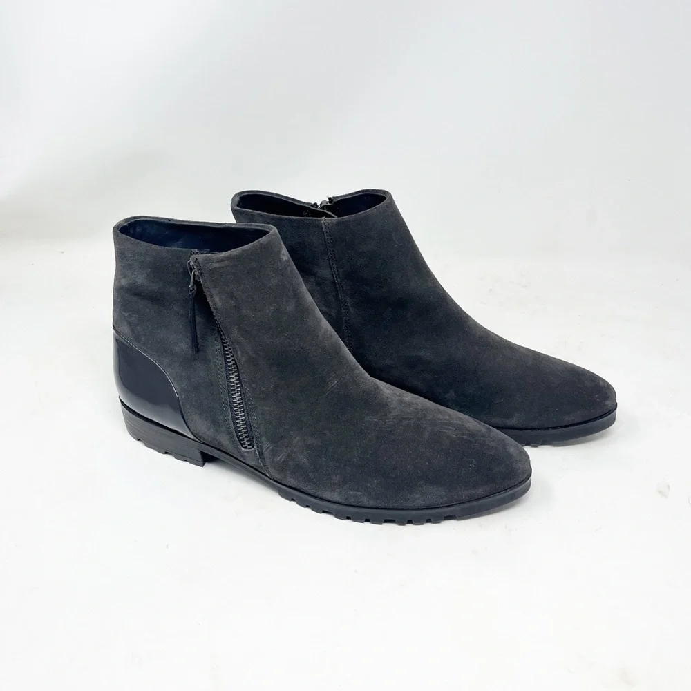 Paul Green Gray Suede Ankle Booties Patent Heel Detail Zip Closure Size 5.5