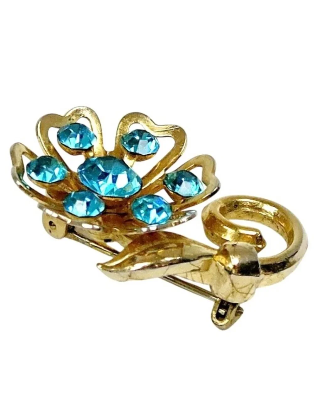 Coro Blue Rhinestone Flower Brooch Mid-Century Gold Tone Costume Jewelry